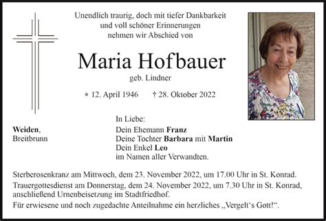 Traueranzeige Maria Hofbauer Weiden Oberpfalzecho