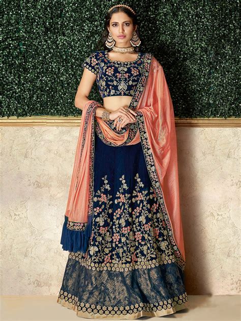 Blue Velvet Multi Colored Floral Embroidered Designer Lehenga Choli In