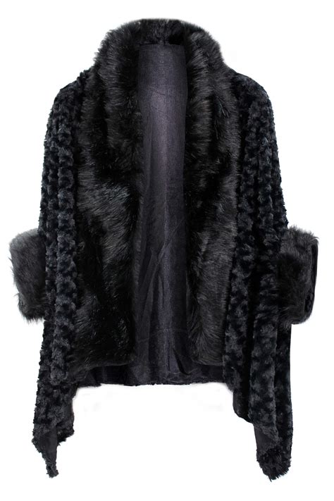 Ladies Plus Size Shawl Soft Faux Fur Trim Cardigan Poncho Cape Open