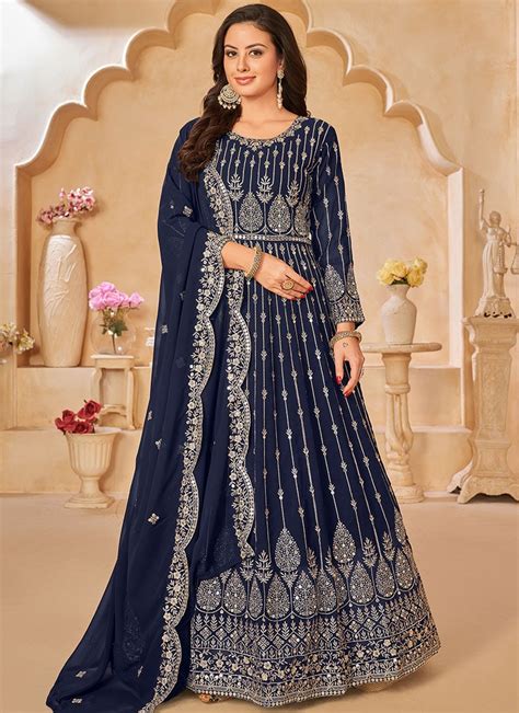 Buy Blue Faux Georgette Embroidered Anarkali Suit Party Wear Online At