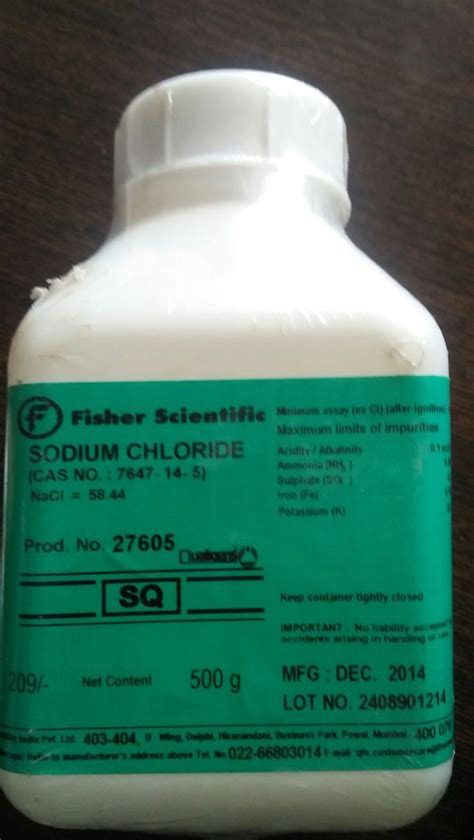 Fisher Scientific Qualigens Reagent Grade Sodium Chloride Packaging