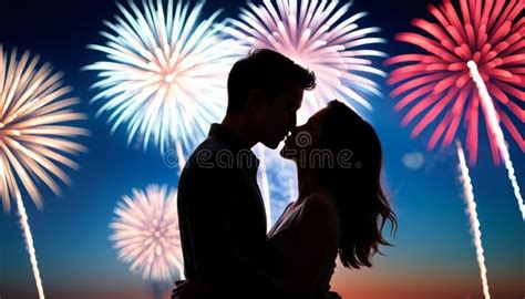 Romantic Couple Kissing Under Fireworks Stock Image - Image of ...