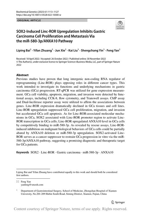 Sox Induced Linc Ror Upregulation Inhibits Gastric Carcinoma Cell