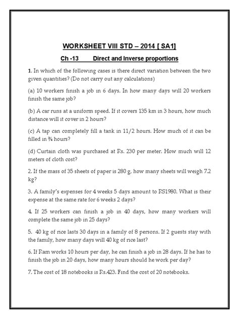 Cbse Class Mathematics Worksheet Direct And Inverse Variations