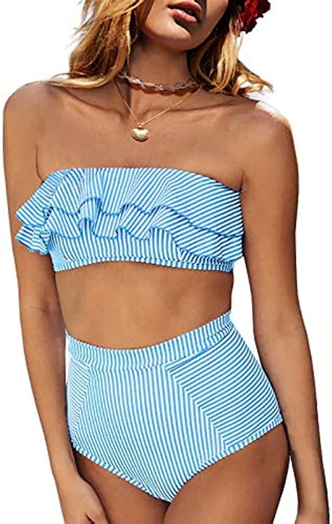 Saodimallsu Women High Waisted Piece Bikini Set Bandeau Ruffle