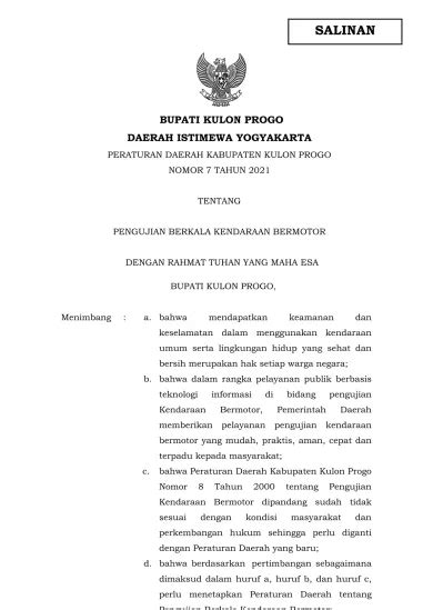 BUPATI KULON PROGO DAERAH ISTIMEWA YOGYAKARTA PERATURAN DAERAH