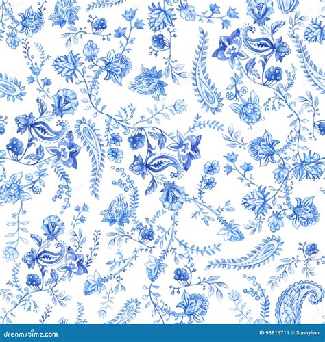 Blue and White Floral Wallpaper. Floral Seamless Pattern in Paisley ...