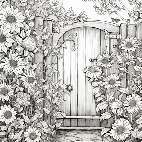 Premium Photo | A drawing of a garden with a gate and flowers generative ai