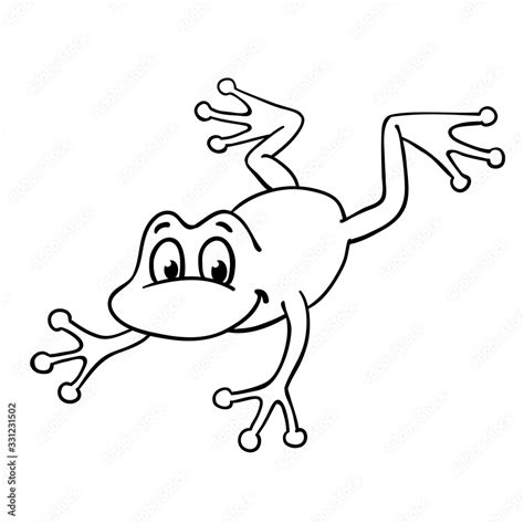 Little jumping frog in cartoon style, drawing in black outline. Isolated on white background ...