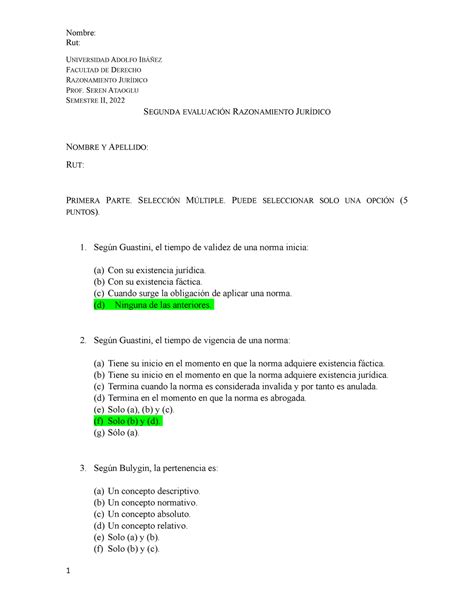 Pauta Evaluaci N Segundo Semestre Rut Universidad Adolfo Ib Ez