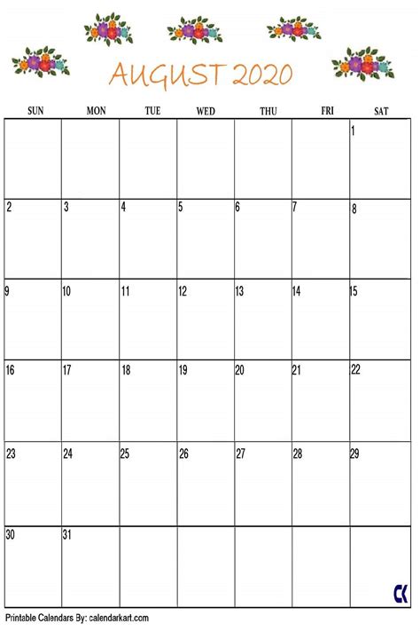 Printable August 2020 Calendar | Calendar printables, Free printables ...