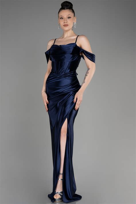 Navy Blue Slit Long Satin Evening Dress Abu3840