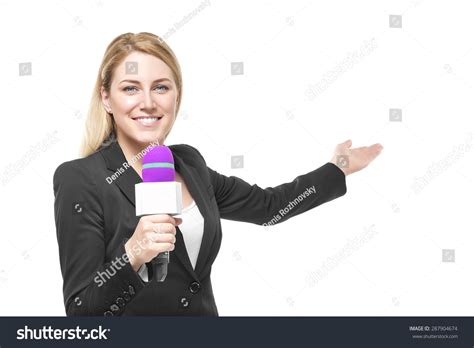 Attractive Blonde Tv Presenter Holding Microphone Stock Photo 287904674