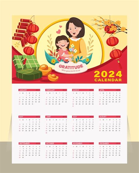 Calendario de pared vectorial simple de una sola página de 2024