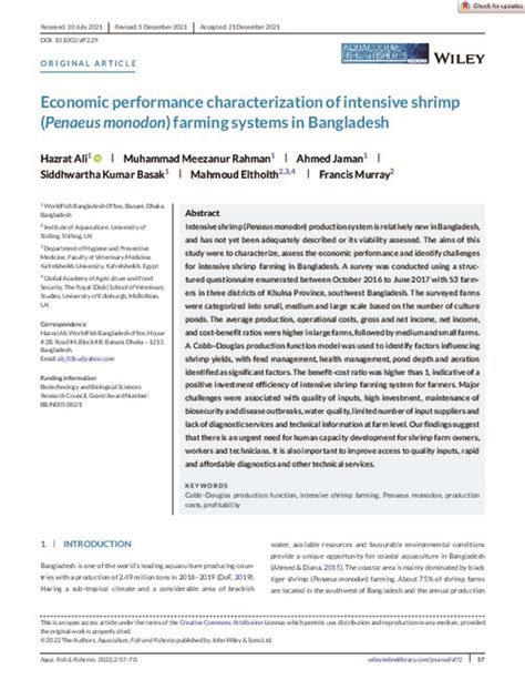 Economic performance characterization of intensive shrimp (Penaeus monodon) farming systems in ...