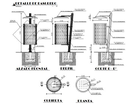 Garbage Trash Bin Elevation Section Plan And Auto Cad Details Dwg