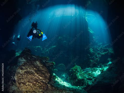 Scuba Diving Under Sunbeams Into A Cenote Cenote Ponderosa Playa Del