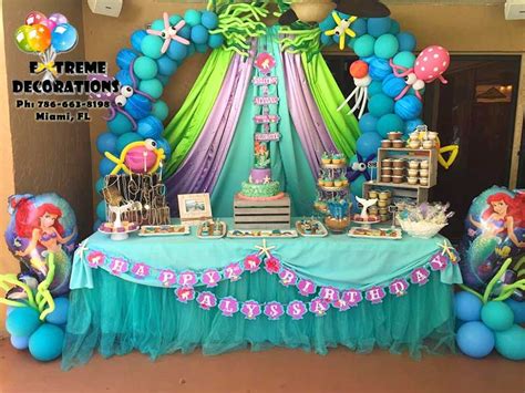 Little Mermaid Balloon Arch With Octopus And Sea Creatures Cake Table