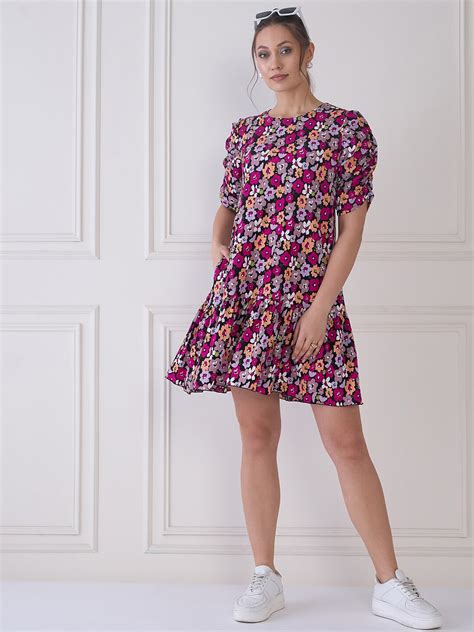 Buy Antheaa Floral Print Puff Sleeve Crepe A Line Dress Dresses For