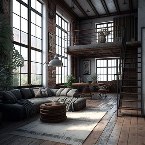 Premium Photo Industrial Style Living Room Loft Generative Ai