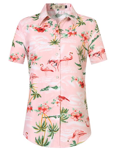 Sslr Hawaiian Shirt For Women Flamingo Short Sleeve Casual Button Down