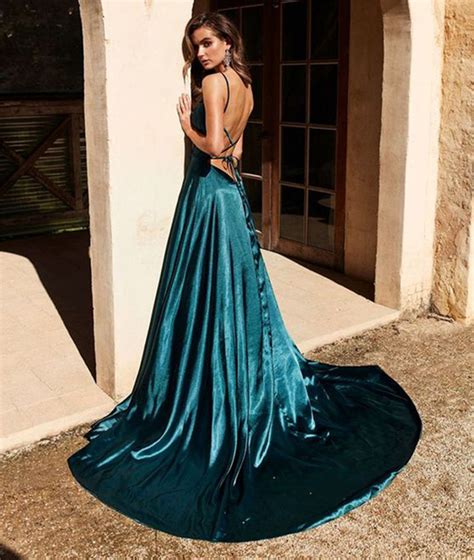 Sexy A Line Backless Dark Green Long Prom Dresses With High Slit Dark