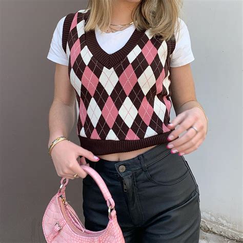 Darlingaga Autumn V Neck Y2k Argyle Knitted Sweater Vest Vintage Sleeve