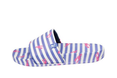 Joules Poolside Blue White Stripe Lobster Print Slides Flat Sandals