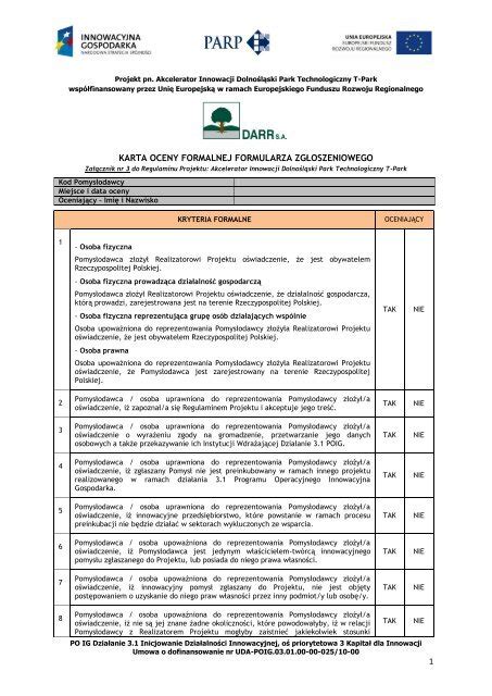 1 KARTA OCENY FORMALNEJ FORMULARZA ZGŁOSZENIOWEGO