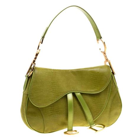 Dior Green Suede And Patent Leather Lizard Effect Double Saddle Bag For Sale At 1stdibs