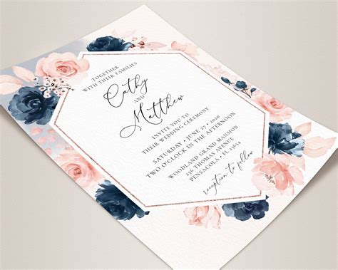 Navy Blue And Blush Pink Wedding Invitation Template Set Etsy