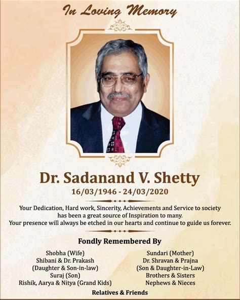 In Loving Memory Dr Sadanand V Shetty Ad Advert Gallery