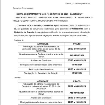 Insituto INCA Retifica Datas Do Edital Do Projeto Social Esporte Para