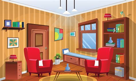 Vector kids study room interior with big windows, cupboard, sofa ...