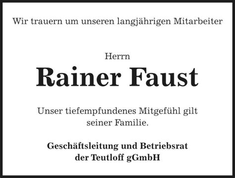 Traueranzeigen Von Rainer Faust Abschied Nehmen De