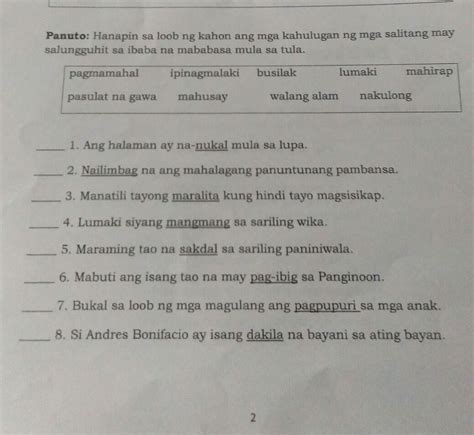 Panuto Hanapin Sa Loob Ng Kahon Ang Mga Kahulugan Ng Mga Salitang May