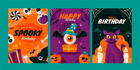 Free Vector | Flat halloween birthday cards collection