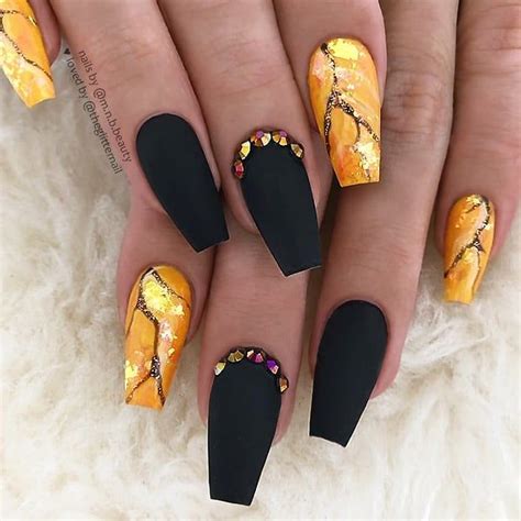 Theglitternail 🎀 Get Inspired On Instagram “🖤🍁🍂 Matte Black With Crystals And Orange Marble