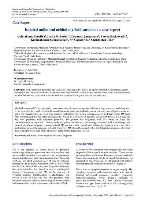 Pdf Isolated Unilateral Orbital Myeloid Sarcoma A Case Report