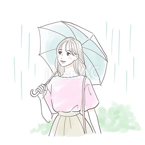 雨降りの中傘をさして歩く笑顔の女性イラスト No 23773328｜無料イラスト・フリー素材なら「イラストac」