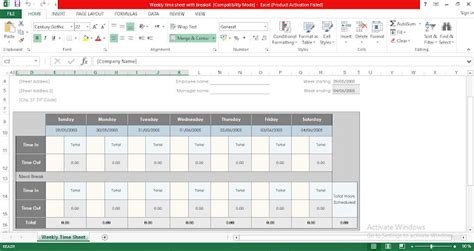 Weekly Time Sheet With Breaks Excel Template Free Download