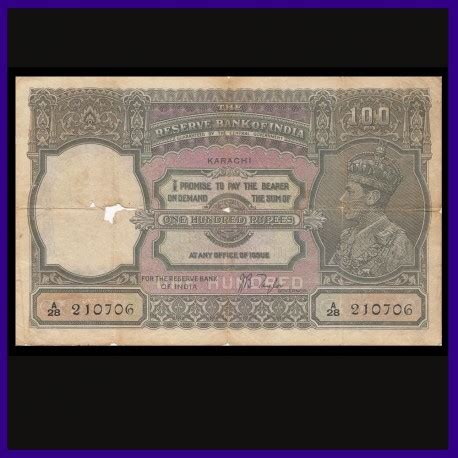 100 Rs George VI, Karachi Issue, J.B.Taylor, British India Note