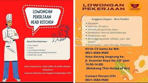 Ada Lowongan Kerja Di Pekanbaru Bidang Kuliner Posisi Head Kitchen Dan