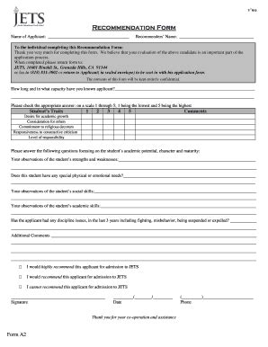 Fillable Online Jetsschool Recommendation Form Name Of Applicant