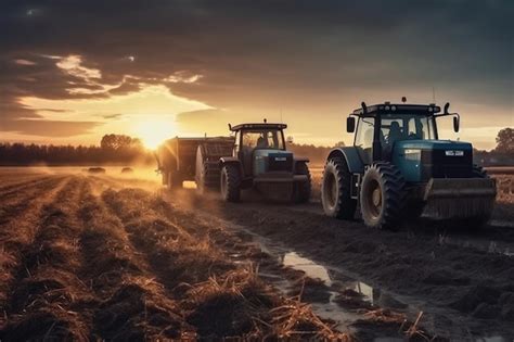 Premium Ai Image Tractors Harvesting Crops In A Field