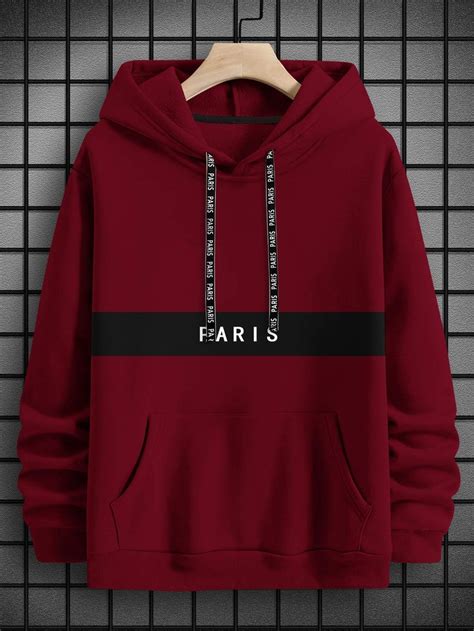 Men Color Block Letter Graphic Kangaroo Pocket Drawstring Hoodie