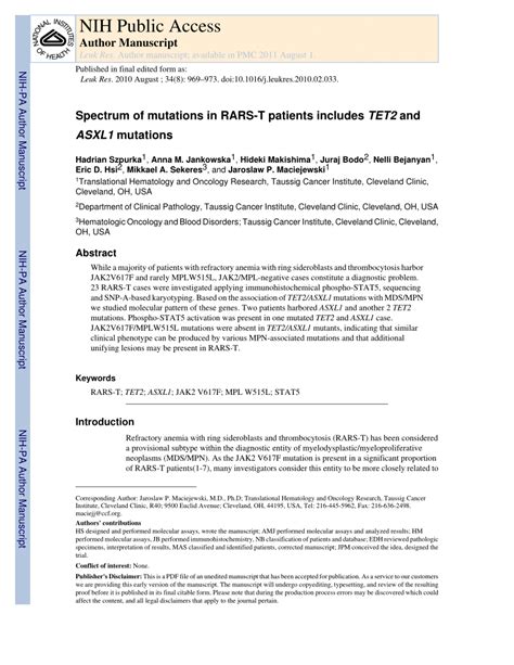 Pdf Spectrum Of Mutations In Rars T Patients Includes Tet And Asxl