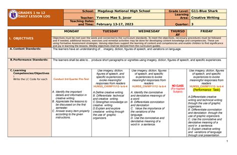 Q3 Week 1 Dll In Creative Writing Grades 1 To 12 Daily Lesson Log School Magdaup National