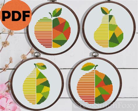 Fruit Cross Stitch Pattern PDF Abstract Geometric Apple Lemon Orange