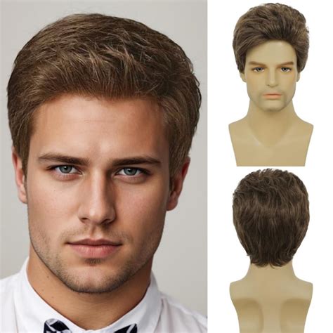 Swiking Mens Short Brown Wig Layered Synthetic Reality Hair